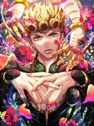 Rule 34 | 1boy, absurdres, black jacket, blonde hair, closed mouth, clothing cutout, earrings, fingernails, flower, giorno giovanna, gold experience, green eyes, highres, jacket, jewelry, jojo no kimyou na bouken, lips, long sleeves, looking at viewer, male focus, medium hair, own hands together, petals, red flower, solo, stand (jojo), upper body, vento aureo, watawata nr (siroraku)
