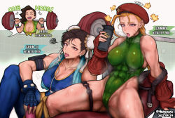 Rule 34 | 3girls, abs, barbell, beret, biceps, black hair, blonde hair, breasts, brown hair, cameltoe, cammy white, capcom, chun-li, cleavage, covered abs, covered erect nipples, curvy, earbuds, earphones, exercising, exhausted, fingerless gloves, front-tie top, gloves, green leotard, hat, heavy breathing, hershuar, highleg, highleg leotard, laura matsuda, leotard, multiple girls, shiny skin, sitting, spread legs, steaming body, street fighter, street fighter v, sweat, sweaty clothes, tank top, thermos, thighs, thong leotard, weightlifting, wide hips
