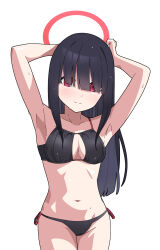 Rule 34 | 1girl, bare arms, bare legs, bare shoulders, bikini, black bikini, black hair, blue archive, blush, breasts, closed mouth, commentary request, cowboy shot, hair over eyes, halo, highres, justice task force member (blue archive), long hair, medium breasts, navel, nyaru (nyaru 4126), red eyes, red halo, simple background, solo, swimsuit, white background