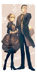Rule 34 | 2boys, ankle boots, arm behind back, averting eyes, bad id, bad pixiv id, beige background, belt, black coat, black dress, black eyes, black footwear, black gloves, black hair, black legwear, black neckwear, black pants, blonde hair, blush, boots, border, bouquet, bow, brown eyes, clenched hand, closed mouth, coat, collared shirt, covering own mouth, crossdressing, dated, dress, earrings, embarrassed, flower, full body, glasses, gloves, hair behind ear, hair bow, hand over own mouth, height difference, high heel boots, high heels, highres, holding, holding clothes, holding gloves, hunter x hunter, jewelry, juliet sleeves, karaori, kurapika, leorio paladiknight, long sleeves, looking to the side, male focus, multiple boys, necktie, open clothes, open coat, outside border, pants, pantyhose, puffy sleeves, red bow, red flower, round eyewear, shirt, shoes, sideburns, sideways glance, single glove, spiked hair, standing, stenciled rose, trap, unworn gloves, valentine, vest, white border
