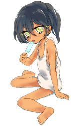 Rule 34 | 1girl, arm support, barefoot, black hair, blush, bottomless, child, dark skin, dark-skinned female, feet, female focus, flat chest, food, full body, highres, holding, holding food, holding ice cream, ice cream, looking at viewer, naked shirt, open mouth, original, ponytail, popsicle, shirt, sitting, soles, solo, tank top, timidamente, toes, tongue, tongue out, wariza, yellow eyes