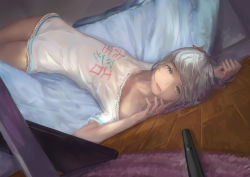 Rule 34 | 10s, 1girl, absurdres, bed, blouse, blue eyes, blue hair, bow, clothes writing, drawing tablet, eromanga sensei, fallen down, hair bow, highres, izumi sagiri, long hair, looking at viewer, lying, on floor, on side, open mouth, pink bow, rocker (fengs1993), shirt, short sleeves, solo, stylus, white shirt, wooden floor