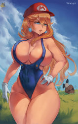 Rule 34 | 1girl, areola slip, artist name, bare arms, bare shoulders, blonde hair, blue eyes, blue leotard, blue sky, breasts, cloud, cosplay, covered navel, creature, curvy, day, earrings, gloves, goomba, grass, hair between eyes, hand on own hip, hat, highleg, highleg leotard, highres, jewelry, lakitu, large breasts, legs together, leotard, long hair, looking to the side, mario, mario (cosplay), mario (series), mario hat, naked overalls, nintendo, no bra, no panties, outdoors, overalls, parted lips, partially visible vulva, peaked cap, plumber, princess peach, red hat, revealing clothes, shexyo, sidelocks, sky, solo, sphere earrings, standing, thick thighs, thighs, warp pipe, white gloves, wide hips, x x