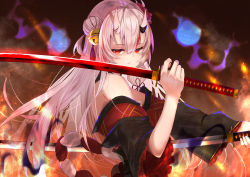 Rule 34 | 1girl, bare shoulders, bell, black kimono, closed mouth, commentary request, dual wielding, fire, from side, hair bell, hair between eyes, hair bun, hair ornament, highres, holding, holding sword, holding weapon, hololive, japanese clothes, jingle bell, katana, kimono, kouhaku nawa, long hair, long sleeves, looking at viewer, looking to the side, mask, mask on head, multicolored hair, nakiri ayame, nakiri ayame (1st costume), off shoulder, oni mask, over shoulder, red eyes, red hair, rope, shimenawa, silver hair, single hair bun, solo, streaked hair, sword, virtual youtuber, weapon, weapon over shoulder, wide sleeves, yoruillust