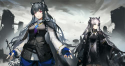 Rule 34 | 2girls, absurdres, animal ears, arknights, belt, black coat, black hair, black vest, blue gloves, blue necktie, buttons, cloud, cloudy sky, coat, coat on shoulders, collared shirt, cowboy shot, fingerless gloves, gloves, highres, holding, holding sword, holding weapon, lappland (arknights), lappland (refined horrormare) (arknights), long hair, long sleeves, looking at viewer, looking to the side, mkt (pixiv15187870), multiple girls, necktie, official alternate costume, open clothes, open coat, parted lips, pouch, red eyes, shirt, sky, standing, sword, texas (arknights), texas the omertosa (arknights), vest, weapon, white hair, white shirt, wolf ears, wolf girl