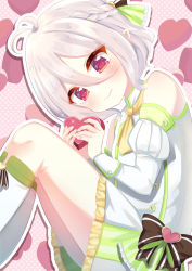 Rule 34 | 1girl, antenna hair, blush, bow, braid, brown bow, closed mouth, commentary request, dress, frilled dress, frills, green ribbon, hair ribbon, heart, highres, holding, holding heart, juliet sleeves, kneehighs, kokkoro (princess connect!), long sleeves, looking at viewer, pink background, pointy ears, polka dot, polka dot background, princess connect!, puffy sleeves, red eyes, ribbon, silver hair, smile, socks, solo, sparkle, striped, striped bow, suzu (minagi), white dress, white socks, yellow neckwear