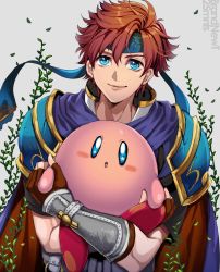 Rule 34 | 1boy, armor, bandana, blue eyes, cape, carrying, fingerless gloves, fire emblem, fire emblem: the binding blade, gloves, holding, kirby, kirby (series), looking at viewer, nintendo, pauldrons, red hair, roy (fire emblem), shoulder armor, smile, super smash bros., tsuko (25mnts)