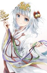 Rule 34 | 1girl, absurdres, baumku techen, bell, blue eyes, blue hair, chihaya (clothing), closed mouth, commentary request, fins, fish tail, gawr gura, grey hair, hair bell, hair ornament, hakama, head wreath, highres, hololive, hololive english, japanese clothes, jingle bell, long hair, looking at viewer, miko, multicolored hair, red hakama, shark tail, smile, solo, streaked hair, tail, two side up, virtual youtuber