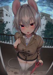 Rule 34 | 1girl, absurdres, alternate costume, animal ears, apartment, black skirt, blush, breasts, breath, brown jacket, closed umbrella, cloud, cloudy sky, collared shirt, commentary request, contemporary, doorway, feet out of frame, fisheye, greatmosu, grey hair, hair between eyes, hair intakes, hand up, highres, holding, holding umbrella, jacket, jewelry, lamppost, large breasts, leaning forward, long sleeves, looking at viewer, medium breasts, miniskirt, mouse ears, mouse tail, nazrin, necklace, open mouth, outdoors, overcast, pencil skirt, pendant, perspective, pleated skirt, pov, pov doorway, rain, red eyes, red umbrella, revision, shirt, short hair, sidelocks, skindentation, skirt, sky, solo, standing, tail, teeth, thick thighs, thighhighs, thighs, touhou, tree, umbrella, upper teeth only, white shirt, white thighhighs, zettai ryouiki