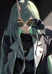 Rule 34 | 1girl, adjusting eyewear, alternate costume, arknights, black background, black gloves, black jacket, black sweater, black vest, breasts, buttoned cuffs, buttons, closed mouth, commentary, crossed bangs, eyelashes, film grain, gloves, green hair, grey background, hair between eyes, hair flowing over, hand up, highres, horns, hoshiguma (arknights), jacket, kissshotmagia, lapel pin, lapels, layered clothes, layered sleeves, light smile, long hair, long sleeves, looking at viewer, looking over eyewear, medium breasts, notched lapels, oni, open clothes, open jacket, round eyewear, shade, shadow, sidelighting, single horn, skin-covered horns, solo, standing, straight-on, straight hair, sunglasses, sweater, tinted eyewear, turtleneck, turtleneck sweater, two-tone background, upper body, very long hair, vest, yellow-framed eyewear, yellow eyes