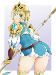 Rule 34 | 1girl, armor, ashita yaru, ass, blonde hair, blue dress, blue eyes, boots, circlet, cowboy shot, dress, earrings, fingerless gloves, fire emblem, fire emblem heroes, fjorm (fire emblem), from behind, gauntlets, gloves, jewelry, looking at viewer, looking back, nintendo, panties, pantyshot, polearm, puffy sleeves, short dress, short hair, shoulder armor, simple background, smile, solo, spear, thigh boots, thighhighs, underwear, weapon, white panties, white thighhighs