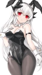 Rule 34 | 1girl, alternate costume, animal ears, arm strap, bare shoulders, black leotard, black pantyhose, blush, bow, bowtie, breasts, cleavage, closed mouth, detached collar, fake animal ears, fate/grand order, fate (series), gloves, hand on own chest, highres, kiyohime (fate), large breasts, leotard, long hair, looking at viewer, morizono shiki, pantyhose, playboy bunny, rabbit ears, red eyes, smile, solo, thighs, white bow, white bowtie, white gloves, white hair