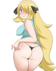 Rule 34 | 1girl, ass, bare shoulders, blonde hair, breasts, butt crack, creatures (company), cynthia (pokemon), game freak, grey eyes, hair ornament, hair over one eye, highres, long hair, looking at viewer, looking back, nintendo, no pants, pokemon, pokemon (anime), pokemon bw (anime), rider 117, shirt, sidelocks, sleeveless, sleeveless shirt, smile, solo, swept bangs, thick thighs, thighs, thong, very long hair, white background, wide hips