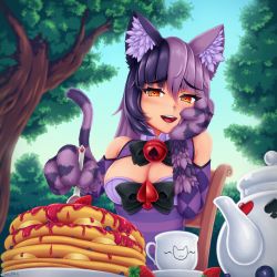 Rule 34 | 1girl, :d, animal ear fluff, animal ears, animal hands, argyle, artist name, bare shoulders, bell, blueberry, blush, bow, bowtie, breasts, cat ears, cat girl, cat tail, chair, cheshire cat (monster girl encyclopedia), commentary, cup, day, eyes visible through hair, food, fruit, gimp (medium), hair between eyes, hand on own cheek, hand on own face, highres, holding, holding spoon, jam, jingle bell, large breasts, looking at viewer, monster girl, monster girl encyclopedia, multicolored hair, open mouth, outdoors, pancake, pancake stack, purple hair, red eyes, smile, solo, spoon, strawberry, striped tail, symbol-only commentary, tail, teacup, teapot, tree, two-tone hair, wlper