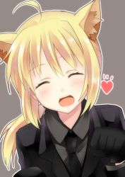 Rule 34 | 1girl, ahoge, animal ears, artoria pendragon (fate), cat ears, closed eyes, fate/zero, fate (series), gloves, heart, kemonomimi mode, kurot, necktie, open mouth, paw pose, ponytail, saber (fate), smile, solo