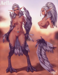 Rule 34 | 1girl, aella (personal ami), anklet, armlet, artist name, belly chain, bird legs, blue eyes, body freckles, breasts, character name, claws, cleft of venus, clitoral hood, clitoris piercing, commentary, dark-skinned female, dark skin, digitigrade, earrings, english commentary, facial mark, feather hair, feathered wings, female focus, freckles, full body, gluteal fold, grey hair, hand on own hip, harpy, highres, jewelry, linked piercing, long eyebrows, long hair, looking at viewer, medium breasts, mole, mole on thigh, monster girl, multiple views, navel, neck ring, nipple piercing, nude, original, outdoors, personal ami, piercing, pointy ears, ponytail, pussy, pussy piercing, shadow, signature, sky, solo, standing, talons, tan, uncensored, watermark, white hair, winged arms, wings