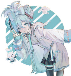 Rule 34 | 1girl, absurdres, black skirt, black thighhighs, blue background, blue eyes, blue hair, blue nails, blue necktie, blue sleeves, bow, character print, cinnamiku, cinnamoroll, commentary, cosplay, detached sleeves, ear bow, eighth note, folded twintails, grey shirt, hatsune miku, hatsune miku (cosplay), highres, hood, hood down, hooded jacket, jacket, leaning forward, looking at viewer, musical note, nail polish, necktie, open mouth, pink bow, pye yyy, sanrio, shirt, skirt, solo, thighhighs, vocaloid, w, white jacket