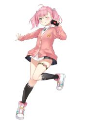 Rule 34 | 1girl, ;q, ahoge, azuuru, black socks, blush, cardigan, closed mouth, cross, full body, game club project, green eyes, hand up, highres, kneehighs, knees together feet apart, looking at viewer, official art, one eye closed, pink hair, play button, power symbol, sakuragi miria, school uniform, shoes, simple background, smile, sneakers, socks, solo, standing, standing on one leg, thigh strap, tongue, tongue out, twintails, v, virtual youtuber, white background