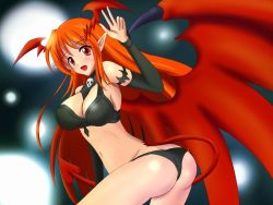 Rule 34 | 1girl, ass, bare shoulders, blush, breasts, cleavage, demon girl, elbow gloves, female focus, gloves, gradient background, long hair, looking back, lord of vermilion, midriff, navel, open mouth, orange hair, pointy ears, red eyes, single wing, smile, solo, succubus (lord of vermilion), tail, waving, wings