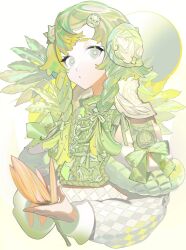 Rule 34 | 1girl, flower, green eyes, green hair, hair between eyes, hair ornament, highres, holding, holding flower, ka9 qq, leaf, leaf on head, light green hair, long hair, looking at viewer, makeup, open mouth, original, pale skin, simple background, solo, upper body, white background
