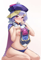 Rule 34 | 1girl, aged up, amco, barefoot, blush, braid, braided ponytail, breasts, cape, feet, genshin impact, hat, highres, jiangshi, looking at viewer, navel, panties, purple eyes, purple hair, purple panties, qiqi (genshin impact), seiza, sitting, small breasts, solo, talisman, topless, underwear
