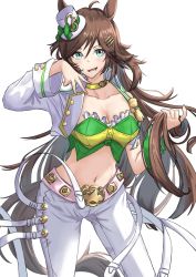 Rule 34 | 1girl, :d, ahoge, animal ears, arm belt, arm up, bare shoulders, belt, blue eyes, breasts, brown hair, choker, cleavage, collarbone, commentary request, cowboy shot, crop top, cropped jacket, floating hair, green shirt, groin, hair between eyes, hair ornament, hairclip, hat, highres, holding, holding own hair, horse ears, horse girl, horse tail, jacket, kudo udon, long hair, long sleeves, looking at viewer, lower teeth only, medium breasts, midriff, mini hat, mini top hat, mr. c.b. (umamusume), navel, open clothes, open jacket, open mouth, pants, pink belt, shirt, sidelocks, simple background, single bare shoulder, single sleeve, sleeve cuffs, smile, solo, standing, stomach, strapless, strapless shirt, tail, teeth, top hat, umamusume, white background, white hat, white jacket, white pants, yellow choker