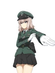Rule 34 | 1girl, black skirt, blue eyes, blush, breasts, closed mouth, girls und panzer, gloves, hat, itsumi erika, key (gaigaigai123), military, military hat, military uniform, miniskirt, pleated skirt, short hair, simple background, skirt, small breasts, solo, standing, uniform, white background, white gloves, white hair
