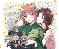 2024 6+girls :3 ^_^ animal_ears arrow_(symbol) black_pants black_shirt blue_eyes blue_pants blush brown_hair brown_jacket brown_pants brown_scarf cat_tail chibi chibi_inset chinese_zodiac closed_eyes closed_mouth collarbone colored_tips commentary_request doushitara_osananajimi_no_kanojo_ni_naremasu_ka!? dragon_ears dragon_girl dragon_print eastern_dragon_horns eating expressionless food girl_sandwich green_eyes green_kimono grey_hair grey_hoodie half_up_braid heart highres holding holding_another&#039;s_wrist holding_food hood hoodie ikoma_minami_(osakano) jacket japanese_clothes jitome kamiya_nanase kemonomimi_mode kimono leg_up long_hair long_sleeves low_ponytail makita_yuzu mochi mochi_trail mouse_ears multicolored_hair multiple_girls nitori_tsubasa open_clothes open_jacket open_mouth orange_eyes pants pink_sweater ponytail purple_eyes rabbit_ears sandwiched scarf seigaiha shirt short_hair sidelocks sparkle sweater tail tatsumi_hinori three-quarter_sleeves turtleneck turtleneck_sweater unohara_kosame upper_body v-shaped_eyebrows white_shirt white_sweater yakimochi yasaka_syu year_of_the_dragon yuri