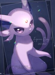 Rule 34 | alopias, character name, creatures (company), dated, espeon, forehead jewel, forked tail, framed, game freak, gen 2 pokemon, mixed-language commentary, nintendo, no humans, pokemon, pokemon (creature), purple eyes, purple fur, solo, tail, watermark