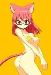 Rule 34 | 1girl, animal ears, ass, bare arms, bare shoulders, bottomless, breasts, cat ears, cat girl, cat tail, collarbone, earrings, extra ears, gradient background, hair between eyes, highres, jewelry, legs together, long hair, looking at viewer, onija tarou, original, pink hair, red eyes, small breasts, solo, straight hair, tail, v arms