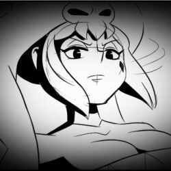 Rule 34 | 1girl, 2022, breasts, cerebella (skullgirls), cleavage, frown, greyscale, large breasts, lowres, medium breasts, monochrome, skullgirls, solo, turning head, twitter, v-shaped eyebrows, xerxapplestix