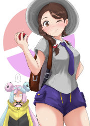 Rule 34 | 2girls, ;), backpack, bag, blush, braid, brown bag, brown eyes, brown hair, closed mouth, collared shirt, commentary request, creatures (company), game freak, grey headwear, grey shirt, hand up, hat, highres, holding, holding poke ball, iono (pokemon), juliana (pokemon), kiral kuota, looking at viewer, multiple girls, necktie, nintendo, one eye closed, poke ball, poke ball (basic), pokemon, pokemon sv, purple necktie, purple shorts, shirt, short shorts, short sleeves, shorts, smile