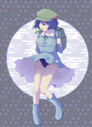 Rule 34 | 1girl, backpack, bag, blue background, blue eyes, blue footwear, blue hair, blue shirt, blue skirt, boots, breasts, character name, clothes writing, collared shirt, cucumber, eating, flat cap, frilled shirt collar, frills, full body, green hat, guro mental, hair bobbles, hair ornament, hat, highres, kawashiro nitori, key, long sleeves, medium breasts, medium hair, muted color, pocket, puffy sleeves, school swimsuit, shirt, short hair, skirt, solo, swimsuit, swimsuit under clothes, thighs, touhou, twintails, two side up