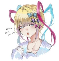 Rule 34 | 1girl, :d, akaimo (akaimokou), blonde hair, blue bow, blue eyes, blue hair, blue shirt, blunt bangs, blush, bow, chouzetsusaikawa tenshi-chan, cropped torso, hair bow, hair ornament, hand up, heart, heart hair ornament, long hair, long sleeves, looking at viewer, multicolored hair, needy girl overdose, open mouth, pink bow, pink hair, purple bow, quad tails, sailor collar, shirt, simple background, smile, solo, translation request, twintails, upper body, white background