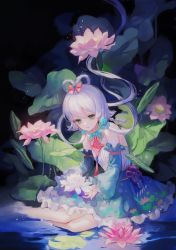 Rule 34 | 1girl, bare legs, bare shoulders, blue dress, bow, closed mouth, collar, commentary, detached collar, detached sleeves, dress, floral print, flower, frilled skirt, frilled sleeves, frills, green eyes, hair bow, hair rings, holding, holding flower, leaf, lily pad, looking down, lotus, luo tianyi, maccha (mochancc), nature, partially submerged, pink bow, pink flower, puffy sleeves, short hair, short hair with long locks, sidelocks, silver hair, sitting, skirt, sleeveless, sleeveless dress, smile, solo, tassel, vocaloid, vocanese, water, water lily flower, white flower