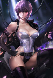 Rule 34 | 1girl, breasts, cleavage, ghost in the shell, highres, jacket, kusanagi motoko, leotard, purple hair, sakimichan, solo, strap, thighhighs