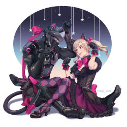 Rule 34 | 1boy, 1girl, alternate costume, animal ears, argyle, argyle clothes, argyle legwear, armor, bad id, bad pixiv id, black cat d.va, black dress, black footwear, black gloves, black tail, blonde hair, bow, breast cutout, breasts, brown eyes, cat ears, cat tail, checkered clothes, checkered legwear, cleavage, cleavage cutout, clothing cutout, commentary, corset, d.va (overwatch), dress, earrings, full body, genji (overwatch), gloves, hage2013, heart, heart earrings, helmet, high heels, highres, jewelry, lolita fashion, medium breasts, official alternate costume, open mouth, overwatch, overwatch 1, pantyhose, parted lips, paw pose, pink bow, pink lips, pink ribbon, puffy short sleeves, puffy sleeves, purple eyes, ribbon, short sleeves, simple background, sitting, star (symbol), tail, tail bow, tail ornament, twintails, two-tone legwear, white background