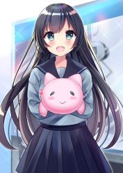 Rule 34 | 1girl, :d, bad id, bad pixiv id, black hair, black sailor collar, black skirt, blue eyes, blue shirt, blurry, blurry background, blush, commentary request, depth of field, fang, heart, highres, holding, holding stuffed toy, long hair, long sleeves, looking at viewer, minami saki, open mouth, original, pleated skirt, sailor collar, school uniform, serafuku, shirt, skirt, smile, solo, stuffed animal, stuffed cat, stuffed toy, very long hair