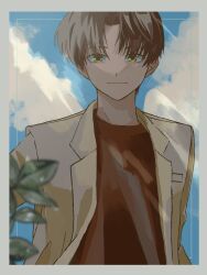 Rule 34 | 1boy, blue background, blurry, blurry foreground, border, brown eyes, brown hair, brown jacket, closed mouth, cloud, commentary request, curtained hair, grey border, hide tani, highres, jacket, lens flare, light smile, long sleeves, looking at viewer, magami kyousuke, male focus, missing parts: the tantei stories, open clothes, open jacket, plant, red shirt, shirt, short hair, solo, suit jacket, upper body