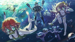 Rule 34 | 6+girls, air bubble, aqua hair, arm warmers, blonde hair, blue hair, breasts, breath, brown hair, bubble, diving, diving mask, dolphin, elbow gloves, fish, freediving, garter belt, gloves, goggles, green eyes, holding hands, highres, holding breath, jellyfish, long hair, looking at viewer, madyy, multiple girls, one-piece swimsuit, red eyes, red hair, short hair, small breasts, snorkel, stingray, swimming, swimsuit, thigh strap, thighhighs, torpedo, twintails, underwater, v, warship hime, wrist cuffs, yellow eyes