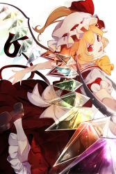 Rule 34 | 1girl, bad id, bad pixiv id, blonde hair, bow, crystal, fang, flandre scarlet, hat, highres, laevatein, looking at viewer, medium hair, open mouth, outstretched arms, puffy short sleeves, puffy sleeves, red eyes, red vest, shirt, short sleeves, skirt, slit pupils, solo, touhou, vest, white background, white hat, white shirt, wings, yonemuro