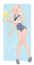 Rule 34 | 1girl, bad id, bad twitter id, bare arms, bare legs, bare shoulders, black neckwear, blonde hair, blue eyes, bracelet, commentary request, crop top, flower, full body, gluteal fold, hair flower, hair ornament, highres, holding, jewelry, kantai collection, nontraditional school swimsuit, one-piece swimsuit, one-piece tan, ro-500 (kancolle), sailor collar, school swimsuit, school uniform, serafuku, shiosoda, slippers, solo, sunflower, swimsuit, tan, tanline