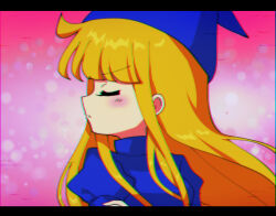 Rule 34 | 1girl, blonde hair, blue headwear, blush, closed eyes, closed mouth, highres, letterboxed, offbeat, puyopuyo, solo, upper body, witch (puyopuyo)