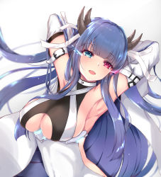 Rule 34 | 1girl, :d, absurdres, arm belt, armpits, arms behind head, arms up, azur lane, backless dress, backless outfit, bare shoulders, blue eyes, blue hair, blurry, breasts, clothing cutout, depth of field, detached sleeves, dress, floating hair, glowing, glowing eyes, habu rin, heterochromia, highres, horns, ibuki (azur lane), large breasts, long hair, looking at viewer, open mouth, red eyes, simple background, smile, solo, underboob, underboob cutout, upper body, white background, white dress