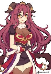 Rule 34 | 1girl, blush, breasts, cleavage, dragalia lost, gloves, krisbee, large breasts, long hair, looking at viewer, mym (dragalia lost), open mouth, skirt, smile, solo, thighhighs, thighs, very long hair, white background