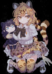 Rule 34 | 1girl, animal ears, black jaguar (kemono friends), black neckwear, blonde hair, bow, bowtie, center frills, character doll, collared shirt, commentary, elbow gloves, extra ears, food, frilled skirt, frills, fruit, gloves, high-waist skirt, jaguar (kemono friends), jaguar ears, jaguar girl, jaguar print, jaguar tail, kemono friends, orange (fruit), orange slice, pleated skirt, print gloves, print legwear, print skirt, shirt, short hair, short sleeves, skirt, symbol-only commentary, tail, thighhighs, tsukeo, white shirt, yellow eyes, zettai ryouiki