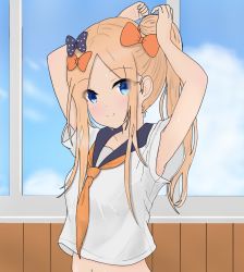 Rule 34 | 1girl, abigail williams (fate), armpits, arms up, atsumisu, bad id, bad pixiv id, black bow, black sailor collar, blue eyes, blue sky, blush, bow, closed mouth, cloud, collarbone, commentary request, day, fate/grand order, fate (series), fingernails, forehead, hair bow, head tilt, highres, indoors, navel, neckerchief, orange bow, orange neckerchief, polka dot, polka dot bow, sailor collar, shirt, short sleeves, sidelocks, sky, smile, solo, sweat, tying hair, wet, white shirt, wide sleeves, window, wooden wall