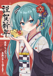 Rule 34 | 1girl, blue eyes, blue hair, blue nails, blush, checkered sash, chinese zodiac, closed mouth, dot nose, earrings, egasumi, faux traditional media, flower, flower earrings, hair between eyes, hair flower, hair ornament, hair ribbon, hatsune miku, highres, holding, japanese clothes, jewelry, kanzashi, kimono, long hair, long sleeves, looking at viewer, nail polish, nengajou, new year, noneon319, obi, open hands, own hands together, raised eyebrows, red background, ribbon, sash, seigaiha, sidelocks, signature, smile, solo, striped ribbon, tiger, translation request, twintails, upper body, uroko (pattern), vocaloid, white kimono, wide sleeves, year of the tiger