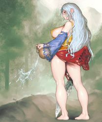 Rule 34 | 1girl, ass, bare shoulders, barefoot, breasts, closed mouth, commentary request, covered erect nipples, day, detached sleeves, dress, envenomist (gengoroumaru), forest, from behind, full body, gourd, hatchet, highres, kneepits, large breasts, legs, long hair, long sleeves, multicolored clothes, multicolored dress, nata (tool), nature, no bra, no panties, outdoors, pouring, profile, red eyes, sakata nemuno, sideboob, silver hair, solo, standing, touhou, wavy hair