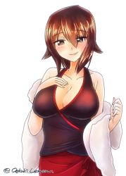 Rule 34 | 1girl, artist name, breasts, brown eyes, brown hair, cleavage, dress, girls und panzer, hand on own chest, large breasts, looking at viewer, nishizumi maho, oekaki lemon, removing jacket, short hair, sleeveless, sleeveless dress, solo, twitter username, white background